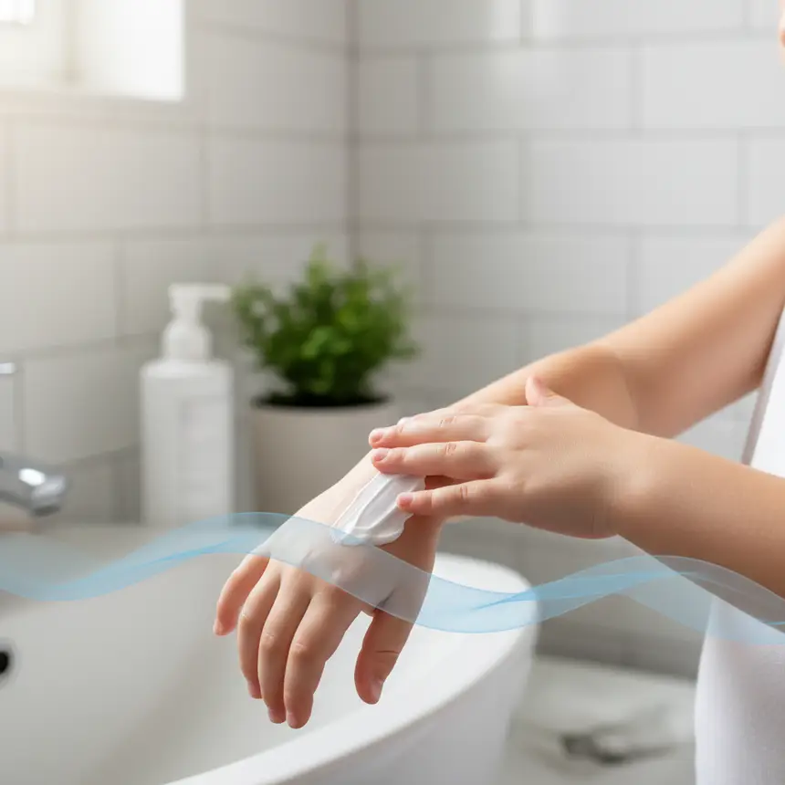 Child applying moisturizer