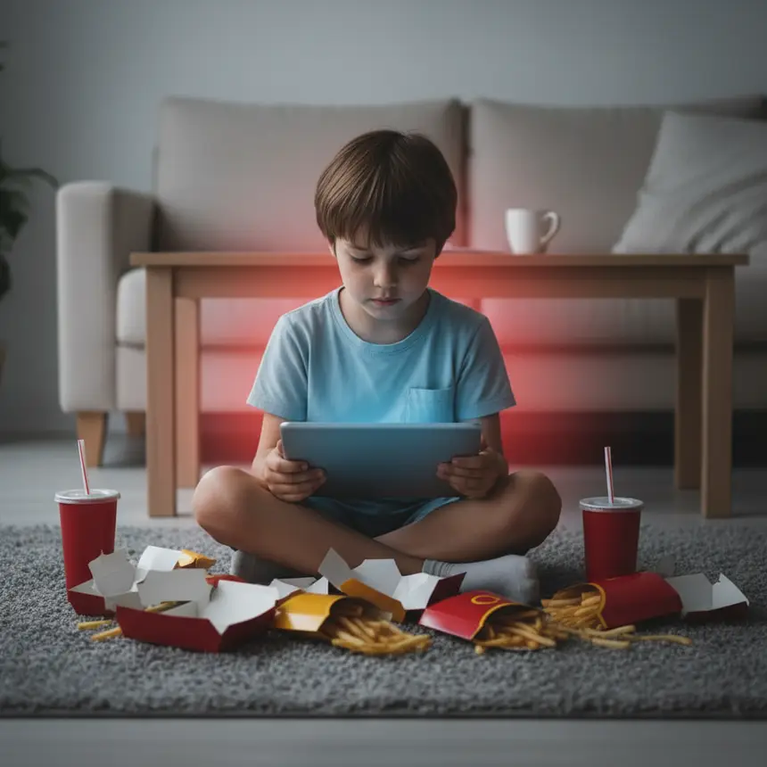 Child in a room with unhealthy food and screens, representing sedentary lifestyle