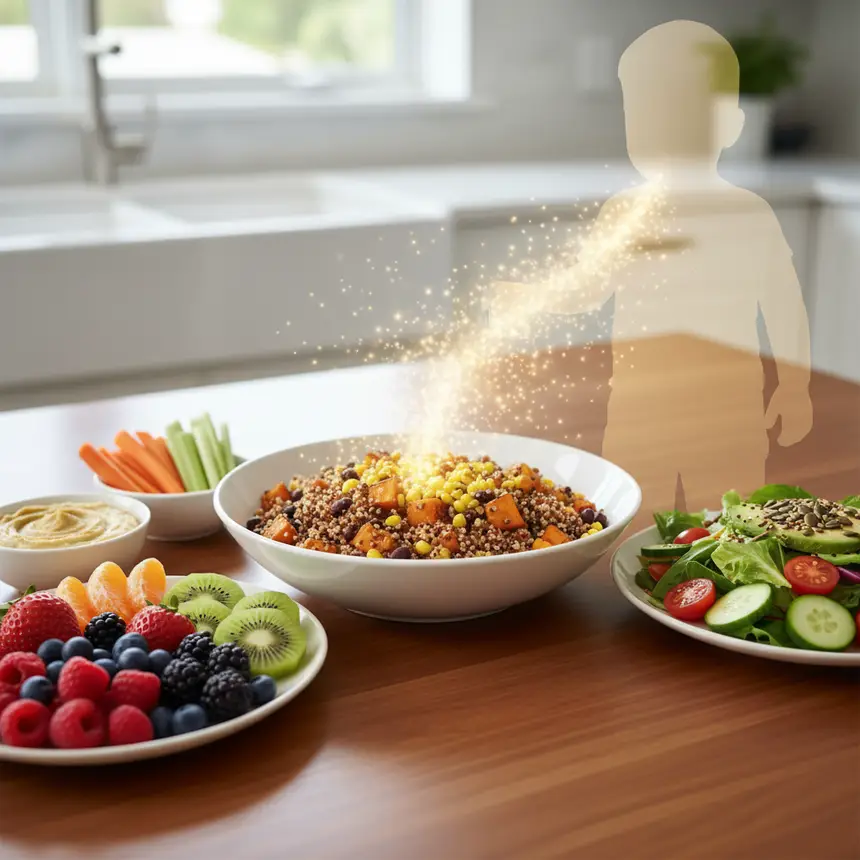 Vibrant, balanced meal with fruits, vegetables, grains, symbolizing healthy nutrition