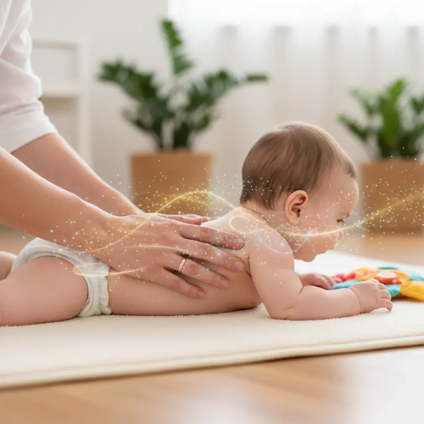Parent supporting baby, tummy time, nutrient glow
