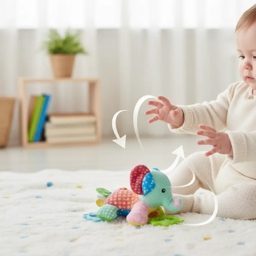 Baby reaching for toy, playful movement