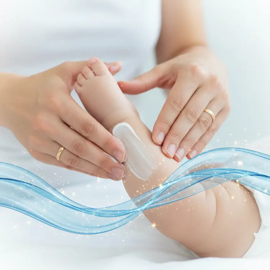 Parent applying cream to baby's leg in calm setting